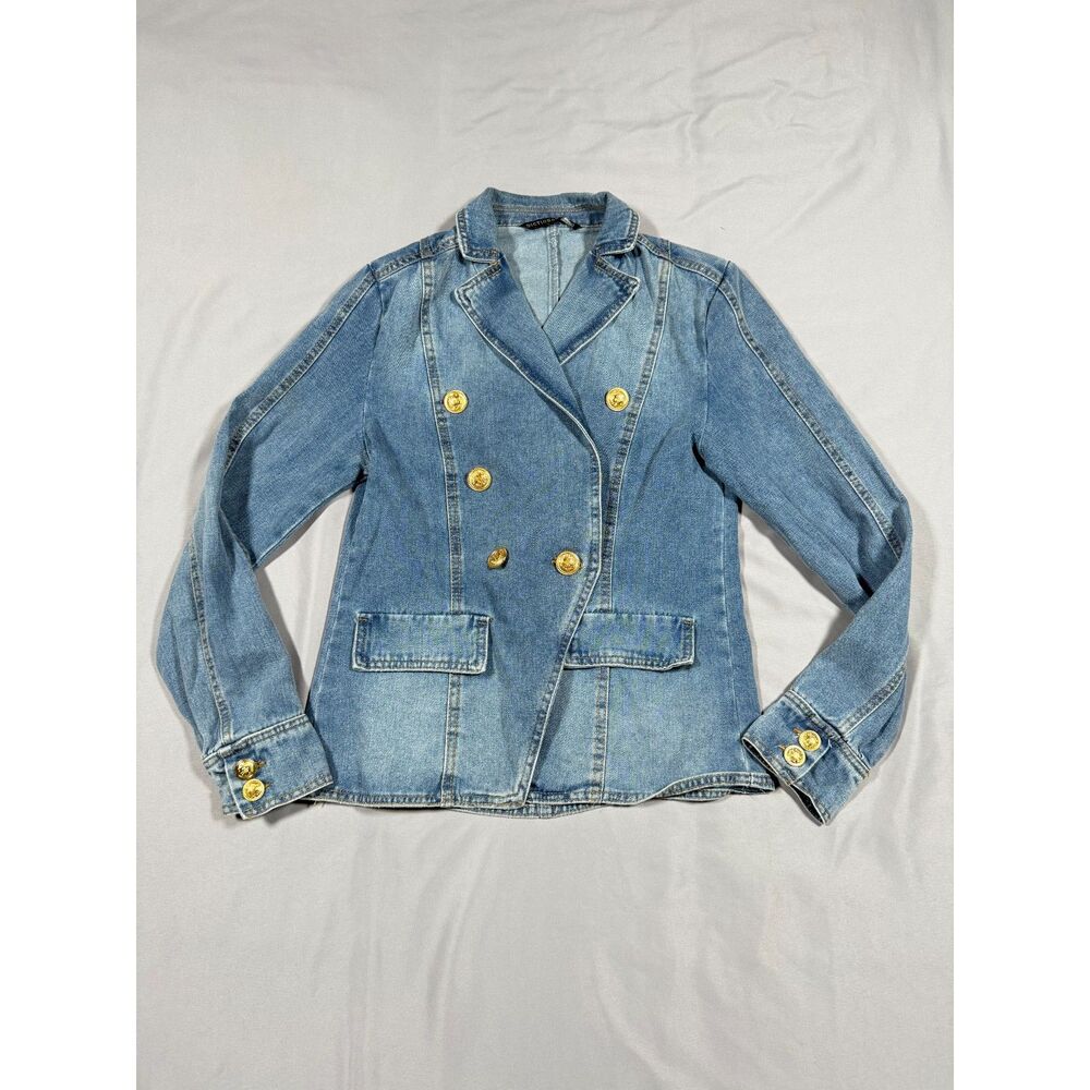 Dictionary Denim Blazer Double Breasted Gold Button Jacket Medium Wash Size 8-10